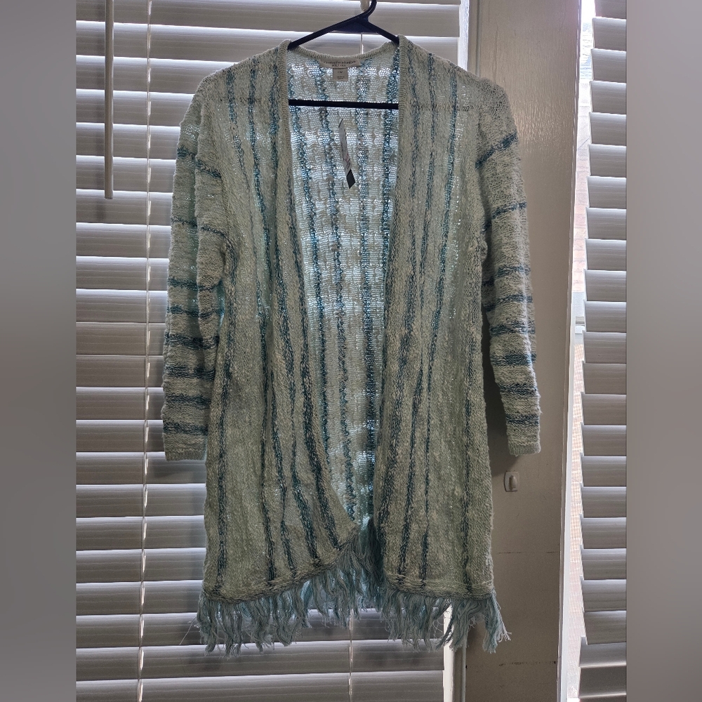NWT Christopher & Banks Blue and White Fringe Cardigan Size P/M